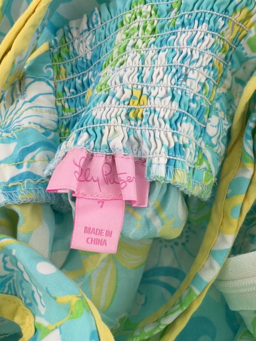 Lilly Pulitzer Vintage Girls Floral Sundress Size 7 Smocked Back Blue Green Yell